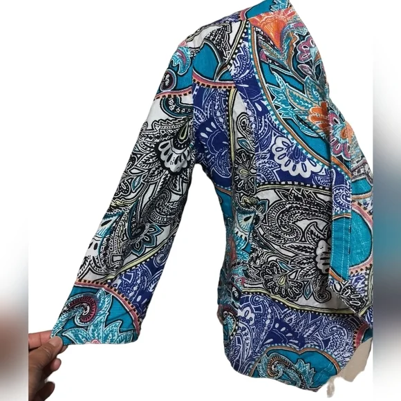 2594) Chico's Paisley Linen 3/4 Sleeve Open Front Blazer Size 0P/Small - Picture 3 of 9